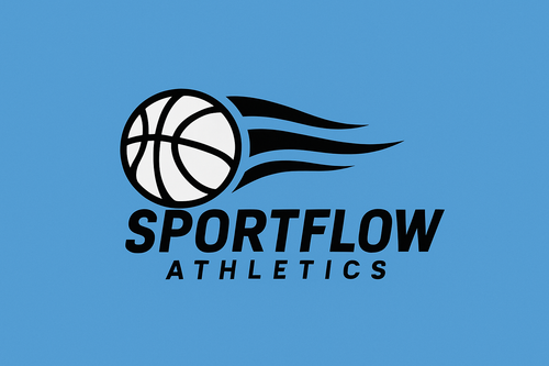 sportflow athletic logo clean blue background with a black and white basketball and a nice design